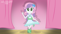 Size: 3999x2249 | Tagged: safe, artist:metalhead97, imported from derpibooru, sweetie belle, equestria girls, make new friends but keep discord, season 5, clothes, curtains, curtsey, cute, diasweetes, dress, female, flower, flower in hair, gala dress, high heels, outfit, shadow, shoes, show accurate, smiling, stage, waving