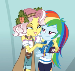 Size: 737x692 | Tagged: safe, imported from derpibooru, screencap, rainbow dash, vignette valencia, equestria girls, equestria girls series, rollercoaster of friendship, bedroom eyes, cellphone, clothes, cropped, crossed arms, female, geode of super speed, hoodie, lipstick, magical geodes, pants, phone, smartphone, smiling, smirk