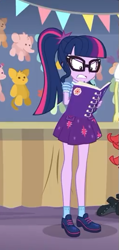 Size: 249x522 | Tagged: safe, imported from derpibooru, screencap, sci-twi, sunset shimmer, twilight sparkle, equestria girls, equestria girls series, rollercoaster of friendship, angry, book, clothes, cropped, female, glasses, offscreen character, ponytail, shoes, shrunken pupils, skirt, socks