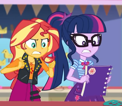 Size: 668x582 | Tagged: safe, imported from derpibooru, screencap, sci-twi, sunset shimmer, twilight sparkle, equestria girls, equestria girls series, rollercoaster of friendship, angry, book, clothes, cropped, female, geode of empathy, geode of telekinesis, glasses, jacket, leather jacket, ponytail, skirt