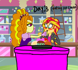 Size: 1572x1404 | Tagged: safe, artist:ktd1993, imported from derpibooru, adagio dazzle, sunset shimmer, equestria girls, 30 day otp challenge, blushing, feeding, female, food, ice cream, lesbian, shipping, sunsagio