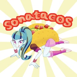 Size: 1500x1500 | Tagged: safe, artist:bbtasu, imported from derpibooru, sonata dusk, human, equestria girls, rainbow rocks, all fours, clothes, costume, crawling, female, food, fusion, literal sonataco, looking at you, solo, sonataco, sunburst background, taco, that girl sure loves tacos, that pony sure does love tacos, that siren sure does love tacos, wat, we have become one