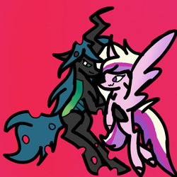 Size: 768x768 | Tagged: safe, artist:ashleybearteamisbest, imported from derpibooru, princess cadance, queen chrysalis, alicorn, changeling, changeling queen, pony, cadalis, female, hug, infidelity, lesbian, mare, pink background, shipping, simple background