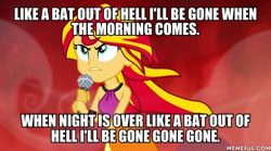 Size: 600x334 | Tagged: safe, edit, edited screencap, imported from derpibooru, screencap, sunset shimmer, equestria girls, rainbow rocks, bat out of hell, image macro, meat loaf, meme, memeful.com, rock (music), song reference, welcome to the show