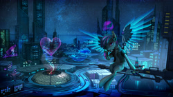 Size: 5760x3240 | Tagged: safe, artist:vitaj, imported from derpibooru, oc, oc only, oc:atom smasher, oc:keyphrase, cyborg, fish, pegasus, pony, 20% cooler, amputee, augmented, back to the future, bird's eye view, bottle, car, cellphone, city, cityscape, clothes, commission, cutie mark, cyberpunk, delorean, dome, female, futuristic, headphones, heart, high angle, highway, hologram, holographic, hover car, jacket, looking at you, movie reference, multicolored mane, multicolored tail, neon, night, ocean, phone, prosthetic limb, prosthetic wing, prosthetics, road, scenery, science fiction, sign, skyline, skyscraper, snow, snowflake, soda, solo, space, sparkle cola, stars, window, wings