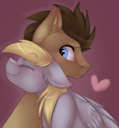 Size: 1024x1101 | Tagged: safe, artist:xcaramelcookiex, imported from derpibooru, derpy hooves, doctor whooves, time turner, earth pony, pegasus, pony, blushing, doctorderpy, eyes closed, female, heart, hearts and hooves day, male, neck hug, shipping, simple background, smiling, straight