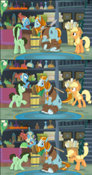 Size: 946x1796 | Tagged: safe, edited screencap, imported from derpibooru, screencap, applejack, meadowbrook, rockhoof, earth pony, pony, a rockhoof and a hard place, apothecary, beard, bowl, braid, bucket, comic, earthquake, facial hair, female, male, mare, moustache, potion, rockhoof's shovel, sad, screencap comic, shovel, sitting, stallion, tremor