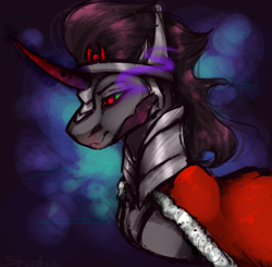 Size: 950x930 | Tagged: safe, artist:0whitewolf0o0, imported from derpibooru, king sombra, pony, unicorn, armor, bust, cape, clothes, curved horn, glowing eyes, horn, male, portrait, simple background, solo, stallion