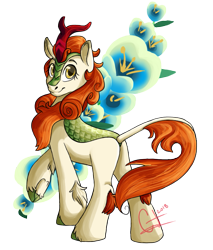 Size: 811x950 | Tagged: safe, artist:crystalchan2d, imported from derpibooru, autumn blaze, kirin, sounds of silence, cloven hooves, female, flower, foal's breath, simple background, smiling, solo, transparent background
