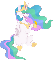 Size: 1024x1149 | Tagged: safe, artist:xcaramelcookiex, imported from derpibooru, princess celestia, alicorn, pony, banana, bananalestia, female, food, happy, hoof hold, jewelry, mare, open mouth, redraw, regalia, sillestia, silly, simple background, sitting, solo, transparent background