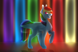 Size: 1024x682 | Tagged: safe, artist:xcaramelcookiex, imported from derpibooru, rainbow dash, pegasus, pony, fanfic:rainbow factory, abstract background, female, grin, looking sideways, mare, narrowed eyes, rainbow, rainbow factory dash, raised hoof, smiling, solo, spectra