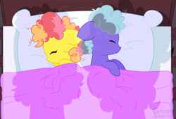 Size: 4224x2848 | Tagged: safe, artist:glitterstar2000, imported from derpibooru, oc, oc only, earth pony, pony, baby, baby pony, bed, colt, female, filly, implied cheese sandwich, implied pinkie pie, male, offscreen character, offspring, parent:cheese sandwich, parent:pinkie pie, parents:cheesepie, pillow, shadow, sleeping