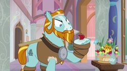 Size: 1920x1080 | Tagged: safe, imported from derpibooru, screencap, rockhoof, earth pony, pony, a rockhoof and a hard place, angry, apple, basket, beard, facial hair, food, male, moustache, rockhoof's shovel, solo, stallion