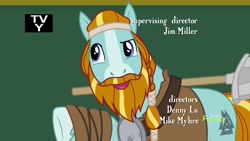 Size: 1920x1080 | Tagged: safe, imported from derpibooru, screencap, rockhoof, earth pony, pony, a rockhoof and a hard place, beard, blaze (coat marking), braid, coat markings, facial hair, facial markings, male, moustache, opening credits, rockhoof's shovel, solo, stallion