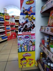 Size: 3016x4032 | Tagged: safe, imported from derpibooru, photographer:horsesplease, applejack, fluttershy, pinkie pie, rainbow dash, rarity, twilight sparkle, alicorn, hasbro, malaysia, mane six, my little pony logo, nerf, play-doh, transformers, twilight sparkle (alicorn)