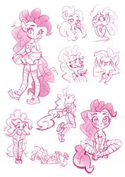 Size: 1280x1810 | Tagged: safe, artist:holivi, imported from derpibooru, pinkie pie, anthro, plantigrade anthro, ball, blushing, clothes, cute, diapinkes, female, monochrome, overalls, panties, pleated skirt, shoes, sitting, skirt, skirt lift, socks, striped socks, thigh highs, underwear, upskirt, zettai ryouiki