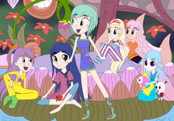 Size: 2518x1751 | Tagged: safe, artist:rosesweety, imported from derpibooru, equestria girls, bed, bedroom, equestria girls-ified, excited, regal academy, slumber party