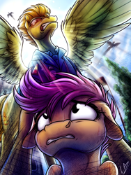 Size: 3000x4000 | Tagged: safe, artist:lupiarts, imported from derpibooru, scootaloo, spitfire, pegasus, pony, the washouts (episode), clothes, duo, ears back, female, filly, floppy ears, flying, foal, lens flare, lip bite, looming, mare, scared, shrunken pupils, spread wings, sweat, sweating profusely, uniform, wings