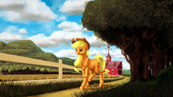 Size: 2560x1440 | Tagged: safe, artist:samum41, imported from derpibooru, applejack, earth pony, pony, barn, cloud, female, fence, food, grass, hat, mare, scenery, solo, sweet apple acres, tree, walking, wheat