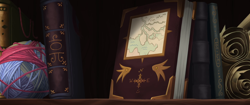 Size: 1920x804 | Tagged: safe, imported from derpibooru, screencap, my little pony: the movie, book, bookshelf, compass rose, map, no pony, written equestrian, yarn, yarn ball