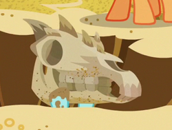 Size: 302x228 | Tagged: safe, imported from derpibooru, screencap, the fault in our cutie marks, cropped, dead, fossil, horse head, horse skull, skull, spiny back ponysaurus