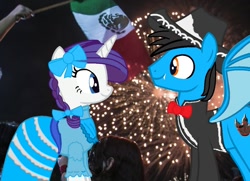 Size: 1082x784 | Tagged: safe, artist:ds59, imported from derpibooru, rarity, oc, oc:dragun shot, dracony, hybrid, alternate hairstyle, canon x oc, charro, drarity, fireworks, independence day, mexican, mexican flag, mexican independence day, mexico, september 16th