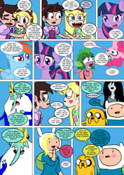 Size: 800x1133 | Tagged: safe, artist:imbriaart, imported from derpibooru, pinkie pie, rainbow dash, spike, twilight sparkle, twilight sparkle (alicorn), alicorn, dog, dragon, earth pony, human, pegasus, pony, comic:magic princess war, adventure time, blushing, comic, crossdressing, crossover, disguise, finn the human, fionna, ice king, jake the dog, marceline, marco diaz, star butterfly, star vs the forces of evil