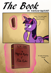 Size: 2900x4108 | Tagged: safe, artist:poecillia-gracilis19, imported from derpibooru, twilight sparkle, alicorn, book, comic, glowing horn, magic, potato knishes, speech, telekinesis, thinking, twilight sparkle (alicorn)