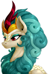 Size: 2276x3348 | Tagged: safe, artist:thatonegib, imported from derpibooru, rain shine, kirin, sounds of silence, backlighting, bust, crown, curly hair, eyeshadow, female, horn, jewelry, makeup, queen, red eyes, regalia, scales, shineabetes, simple background, solo, striped horn, transparent background