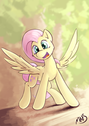 Size: 2480x3508 | Tagged: safe, artist:sea-maas, imported from derpibooru, fluttershy, pegasus, pony, blurred background, blurry background, female, happy, high res, mare, open mouth, signature, smiling, solo, spread wings, wings