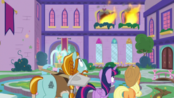 Size: 1280x720 | Tagged: safe, imported from derpibooru, screencap, applejack, rockhoof, twilight sparkle, alicorn, a rockhoof and a hard place, butt, fire, plot, rockhoof's shovel, twilight sparkle (alicorn)