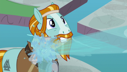 Size: 1280x720 | Tagged: safe, imported from derpibooru, screencap, rockhoof, earth pony, pony, a rockhoof and a hard place, beard, facial hair, firefighting, male, moustache, rockhoof's shovel, solo, stallion, water