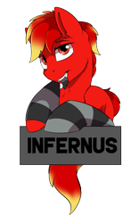 Size: 351x561 | Tagged: safe, artist:beardie, imported from derpibooru, oc, oc only, oc:infernus, pony, badge, clothes, commission, name tag, simple background, socks, solo, striped socks, transparent background