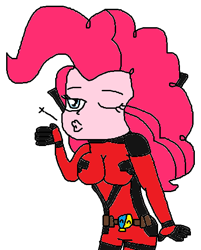 Size: 459x570 | Tagged: safe, alternate version, artist:logan jones, edit, imported from derpibooru, pinkie pie, equestria girls, belt, blowing a kiss, breasts, busty pinkie pie, clothes, cosplay, costume, deadpool, katana, leotard, marvel, missing accessory, pinkiepool, sword, weapon