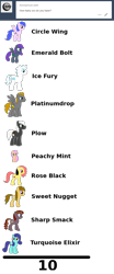 Size: 643x1553 | Tagged: safe, artist:platinumdrop, imported from derpibooru, oc, oc only, oc:circle wing, oc:emerald bolt, oc:ice fury, oc:peachy mint, oc:platinumdrop, oc:plow, oc:rose black, oc:sharp smack, oc:sweet nugget, oc:turquoise elixir, earth pony, pegasus, pony, unicorn, tumblr:ask-platinumdrop, ask, female, male, mare, simple background, stallion, transparent background, tumblr