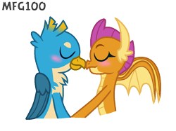 Size: 930x694 | Tagged: safe, artist:mixelfangirl100, imported from derpibooru, gallus, smolder, dragon, griffon, blushing, cute, eyes closed, female, gallabetes, holding hands, male, nuzzling, shipping, simple background, smolderbetes, smollus, straight, transparent background