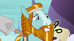 Size: 1280x720 | Tagged: safe, imported from derpibooru, screencap, rockhoof, earth pony, pony, a rockhoof and a hard place, beard, braid, facial hair, male, moustache, rockhoof's shovel, shovel, smiling, solo, stallion