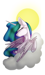 Size: 802x1317 | Tagged: dead source, safe, artist:sketchykohaidraws, imported from derpibooru, princess celestia, alicorn, pony, cloud, eyes closed, female, head turn, mare, missing accessory, raised hoof, simple background, solo, spread wings, sun, transparent background, turned head, wings