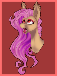 Size: 774x1032 | Tagged: safe, artist:immagoddampony, artist:sketchykohaidraws, imported from derpibooru, fluttershy, bat pony, pony, abstract background, bust, fangs, female, flutterbat, looking up, mare, open collaboration, open mouth, race swap, solo, tongue out