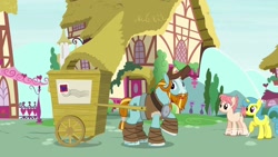 Size: 1920x1080 | Tagged: safe, imported from derpibooru, screencap, lemon hearts, raspberry vinaigrette, rockhoof, earth pony, pony, unicorn, a rockhoof and a hard place, beard, cart, clothes, facial hair, female, male, mare, moustache, stallion