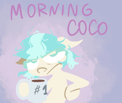 Size: 650x550 | Tagged: safe, artist:alittleofsomething, imported from derpibooru, coco pommel, earth pony, pony, coffee mug, female, grumpy, lineless, mare, messy mane, morning ponies, mug, pun, solo