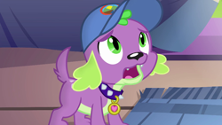 Size: 1280x720 | Tagged: safe, imported from derpibooru, screencap, spike, spike the regular dog, dog, equestria girls, legend of everfree, cap, hat, male