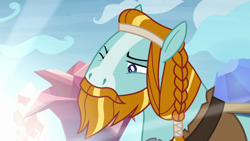 Size: 1280x720 | Tagged: safe, imported from derpibooru, screencap, rockhoof, earth pony, pony, a rockhoof and a hard place, beard, blaze (coat marking), braid, coat markings, facial hair, facial markings, male, moustache, one eye closed, rockhoof's shovel, solo, squint, stallion