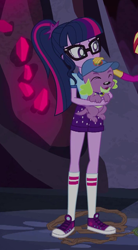 Size: 356x643 | Tagged: safe, imported from derpibooru, screencap, sci-twi, spike, spike the regular dog, sunset shimmer, twilight sparkle, dog, equestria girls, legend of everfree, camp everfree outfits, clothes, converse, cropped, female, glasses, legs, male, offscreen character, paws, ponytail, shoes, shorts, sneakers, socks