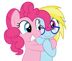 Size: 4514x3840 | Tagged: safe, artist:blue-vector, imported from derpibooru, pinkie pie, oc, oc:cloud cuddler, earth pony, pony, cute, female, glasses, hug, one eye closed, simple background, smiling, transparent background, vector