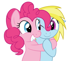 Size: 4514x3840 | Tagged: safe, alternate version, artist:blue-vector, imported from derpibooru, pinkie pie, oc, oc:cloud cuddler, pony, cute, female, hug, one eye closed, simple background, smiling, transparent background, vector