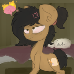 Size: 3000x3000 | Tagged: safe, artist:claudearts, imported from derpibooru, oc, oc only, oc:sketcher, pony, bed, blanket, bloodshot eyes, brain, butt freckles, cutie mark, ear freckles, fire, freckles, pillow, runny nose, sick, solo