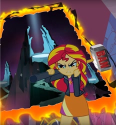 Size: 1001x1079 | Tagged: safe, edit, edited screencap, editor:leonidus, imported from derpibooru, screencap, sunset shimmer, equestria girls, equestria girls (movie), twilight's kingdom, banhammer, banishment, evil grin, grin, hammer, menacing, smiling, tartarus, text, threat