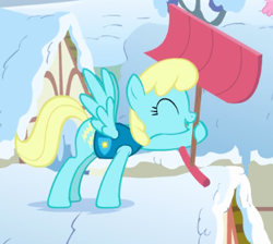 Size: 361x324 | Tagged: safe, imported from derpibooru, screencap, sassaflash, pegasus, pony, winter wrap up, background pony, cropped, dexterous hooves, eyes closed, female, hoof hold, mare, snow, snow shovel, solo focus, spread wings, weather team, wings, winter wrap up song, winter wrap up vest