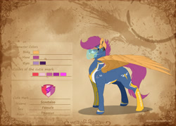 Size: 4200x3000 | Tagged: safe, artist:skitsniga, artist:skitsroom, imported from derpibooru, scootaloo, pegasus, pony, alternate design, brown background, clothes, female, mare, older, older scootaloo, simple background, solo, uniform, visor, wonderbolts uniform